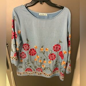 Ana and Rose Floral Embroidered Blue Pullover Top. Long sleeve.